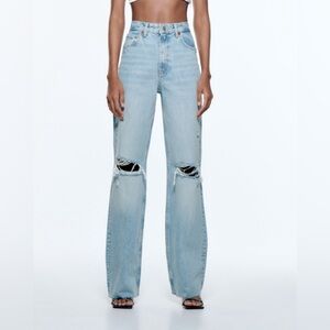 Zara High Waisted Wide Leg Ripped Jeans